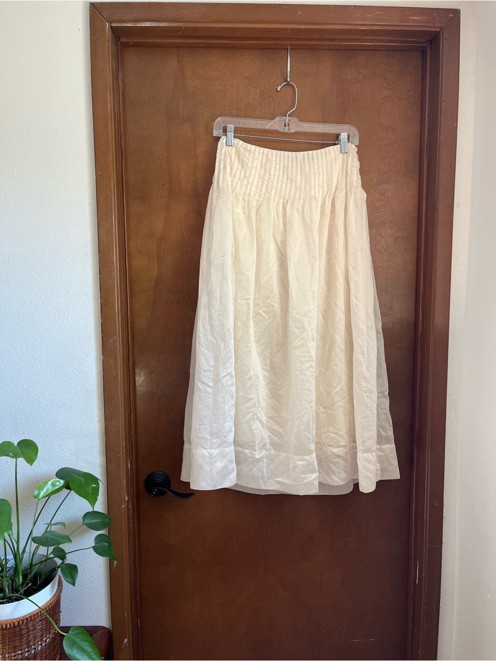 Cream Midi Skirt with Smocked Waistband